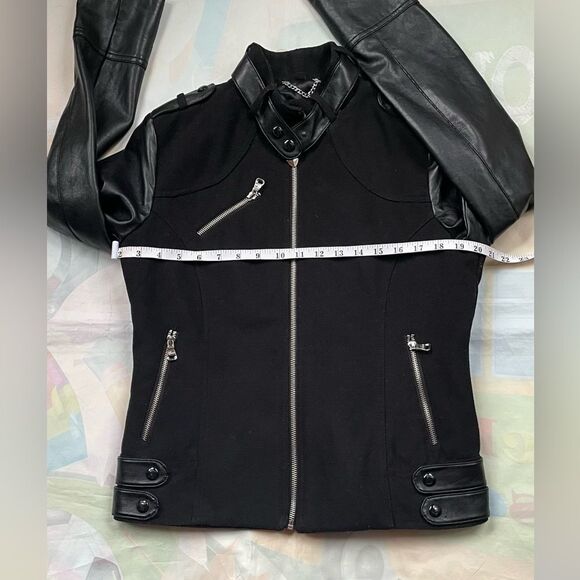 1981 Guess Faux Leather Moto Jacket Womens Size M Zip up Black Silver Zip Lin… - Picture 2 of 16